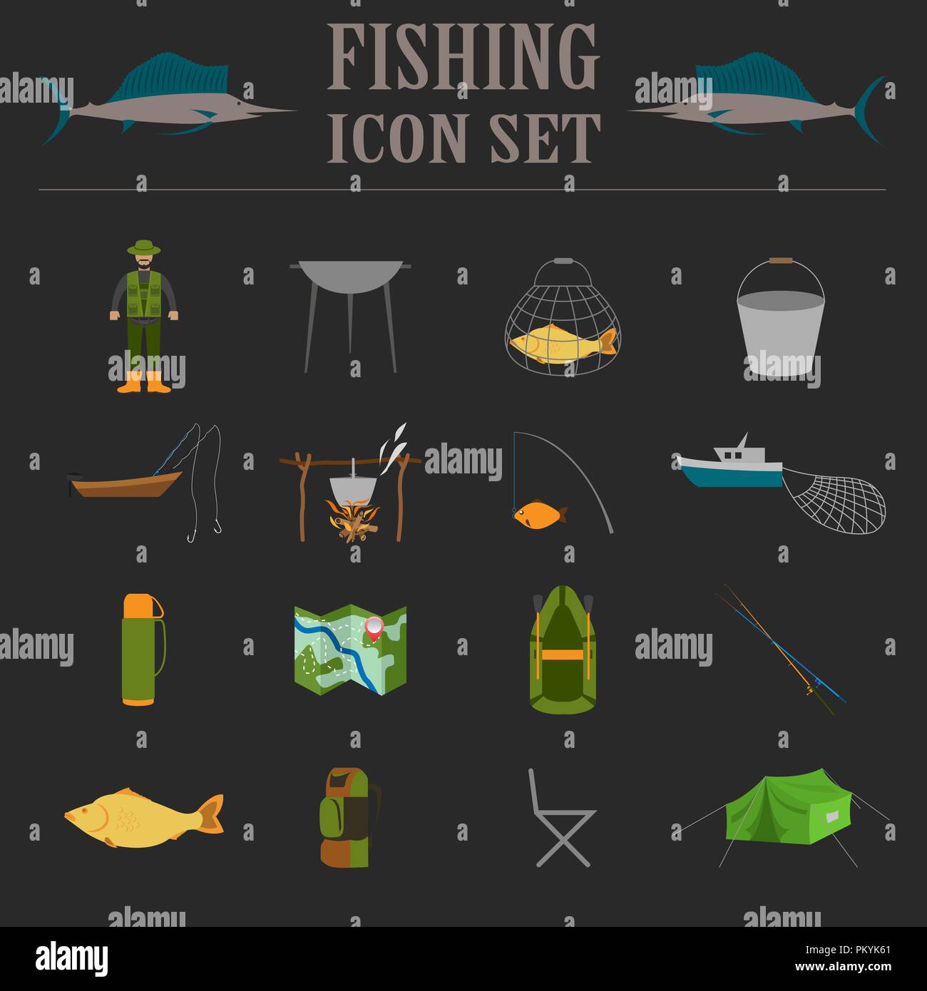 Attrezzatura da pesca icon set. Illustrazione Vettoriale Illustrazione Vettoriale