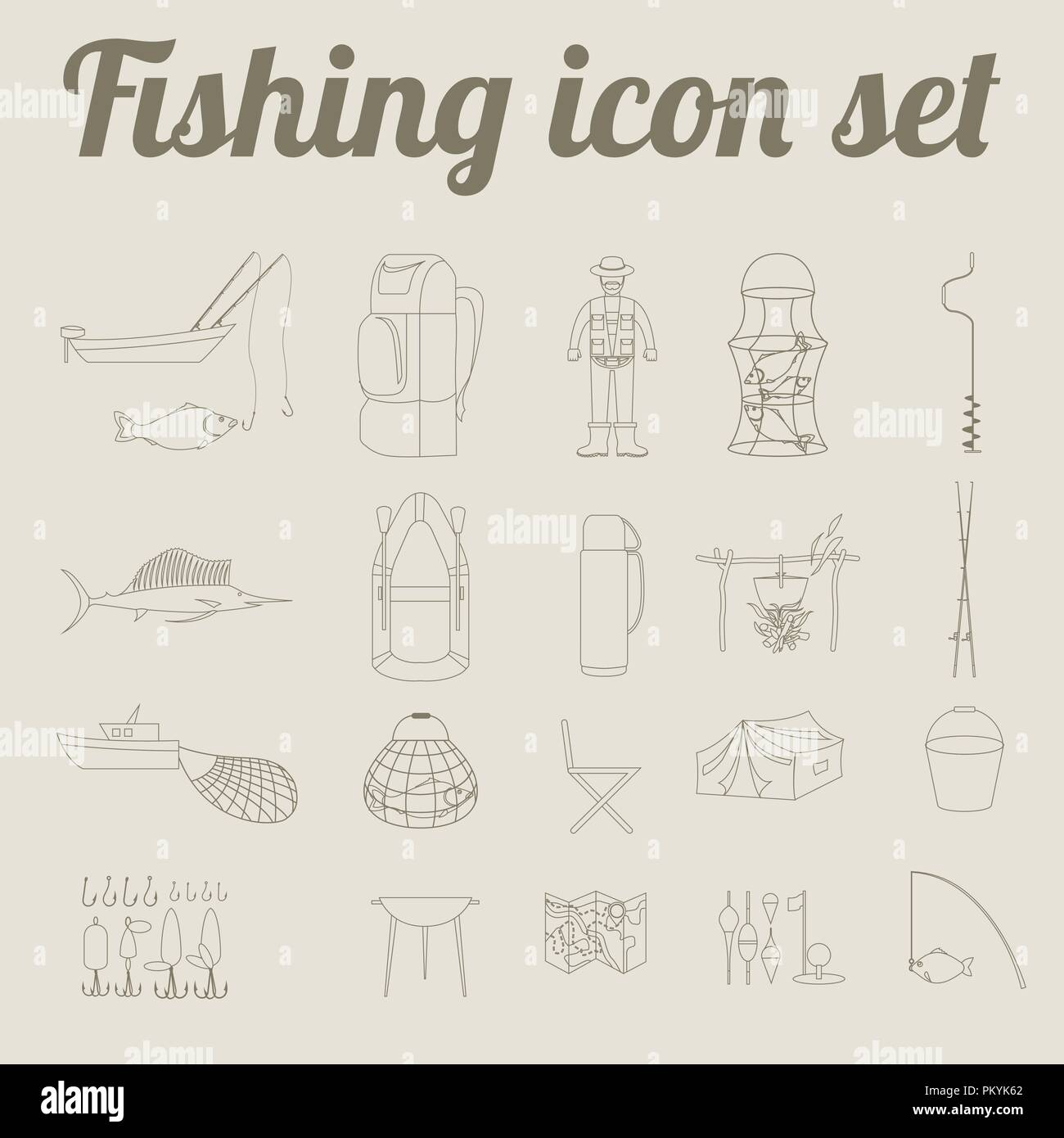 Attrezzatura da pesca icon set. Versione di contorno. Illustrazione Vettoriale Illustrazione Vettoriale