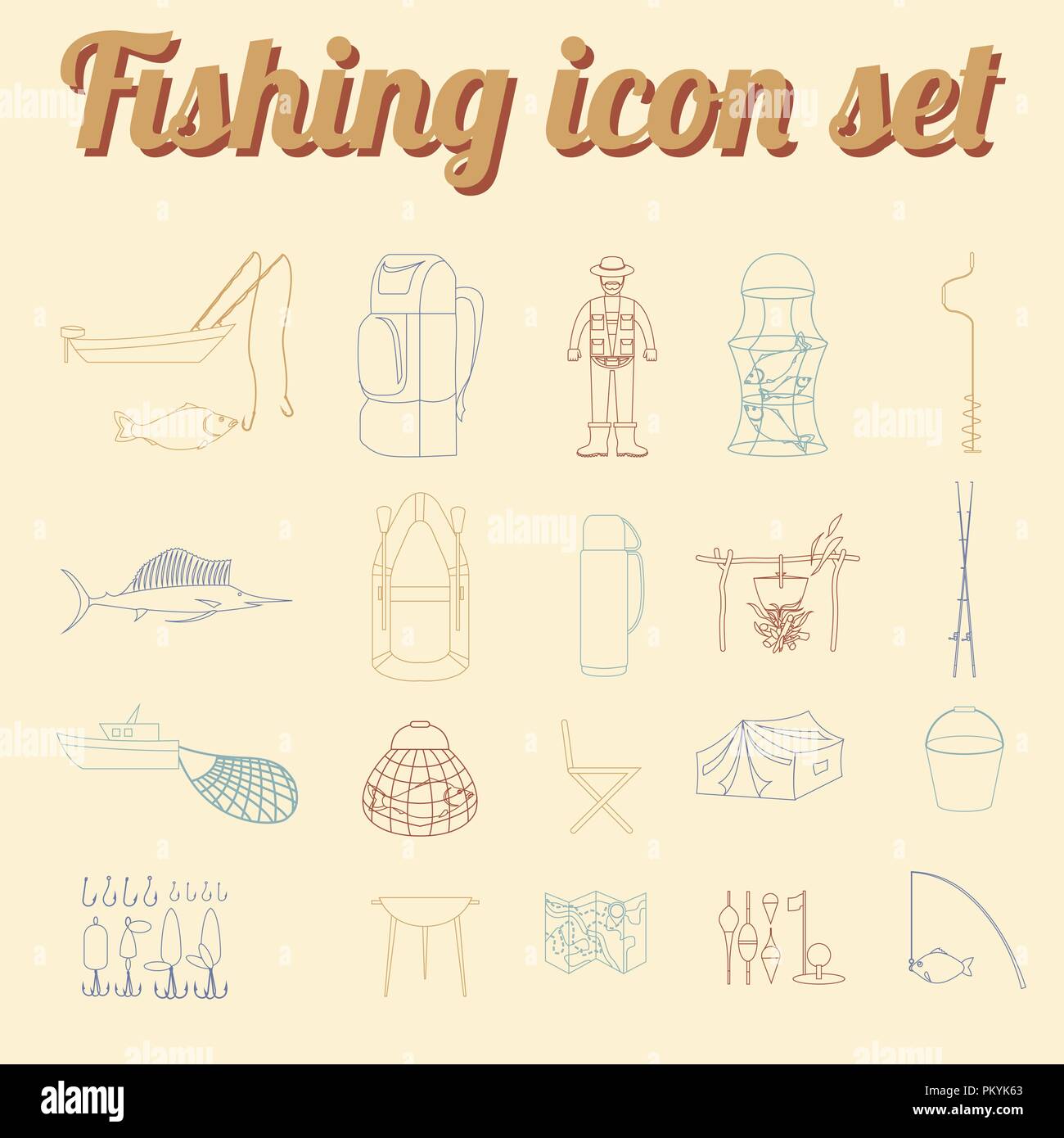 Attrezzatura da pesca icon set. Versione di contorno. Illustrazione Vettoriale Illustrazione Vettoriale