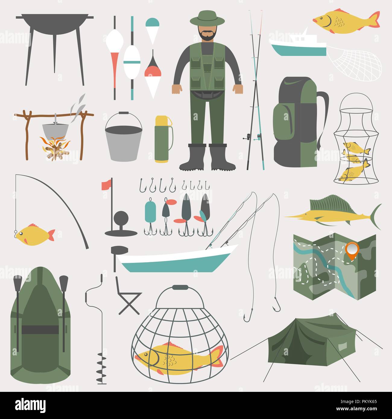 Attrezzatura da pesca icon set. Illustrazione Vettoriale Illustrazione Vettoriale