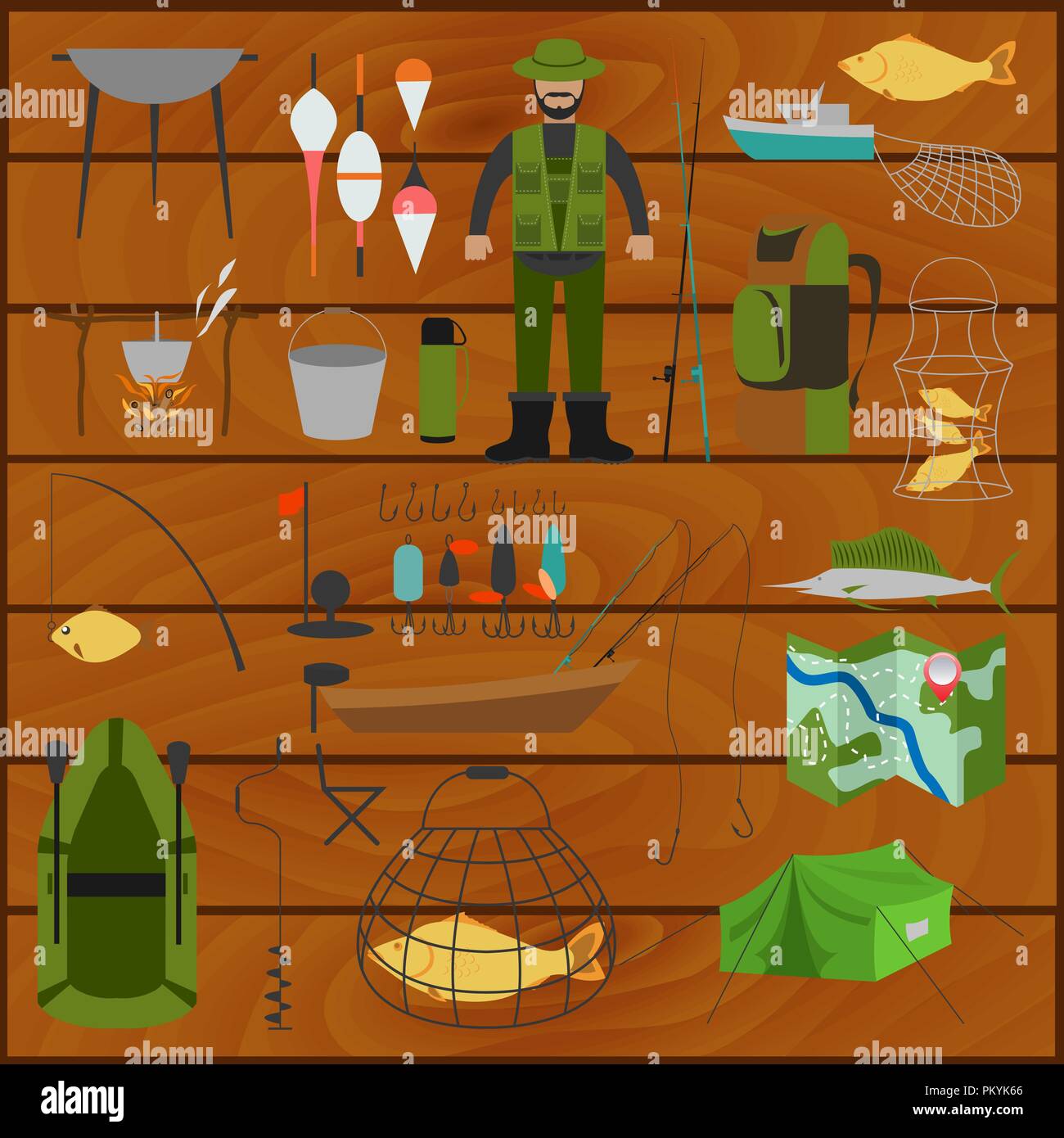 Attrezzatura da pesca icon set. Illustrazione Vettoriale Illustrazione Vettoriale