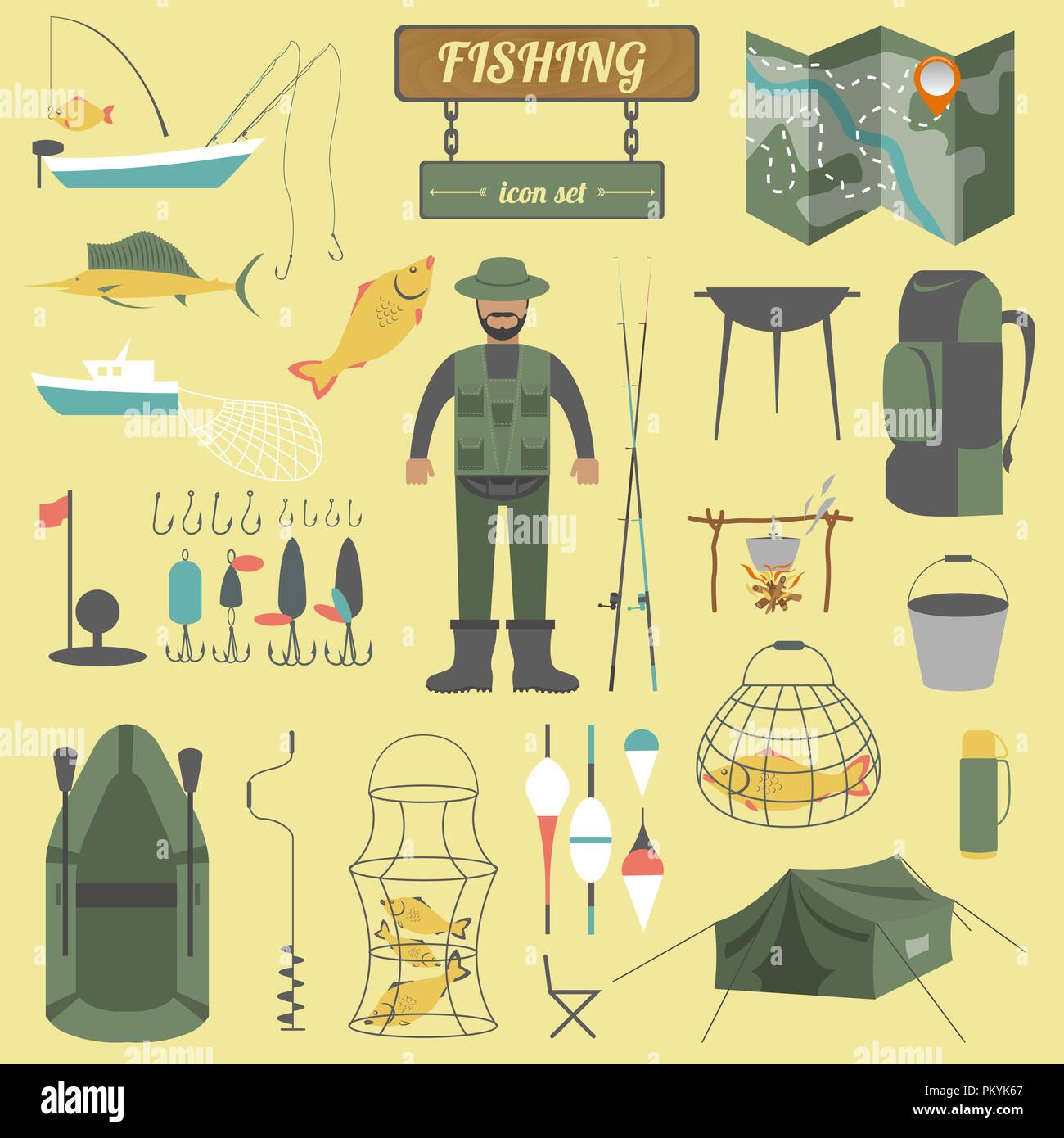 Attrezzatura da pesca icon set. Illustrazione Vettoriale Illustrazione Vettoriale