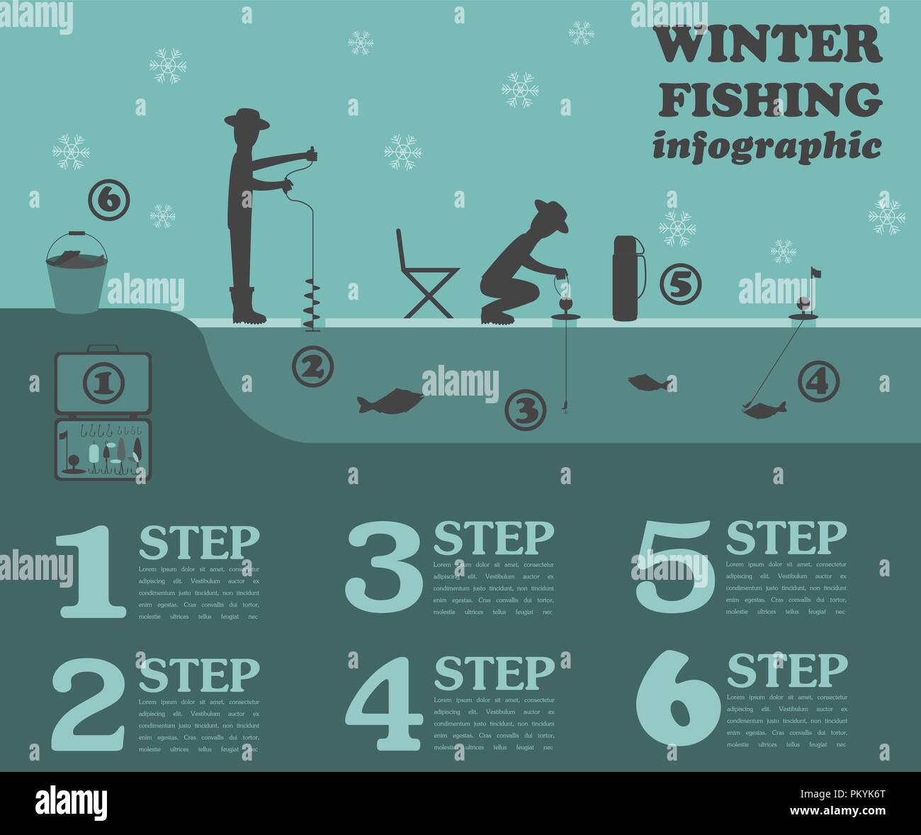 Infografico di pesca. Pesca d'inverno. Impostare gli elementi per creare il proprio design infografico. Illustrazione Vettoriale Illustrazione Vettoriale