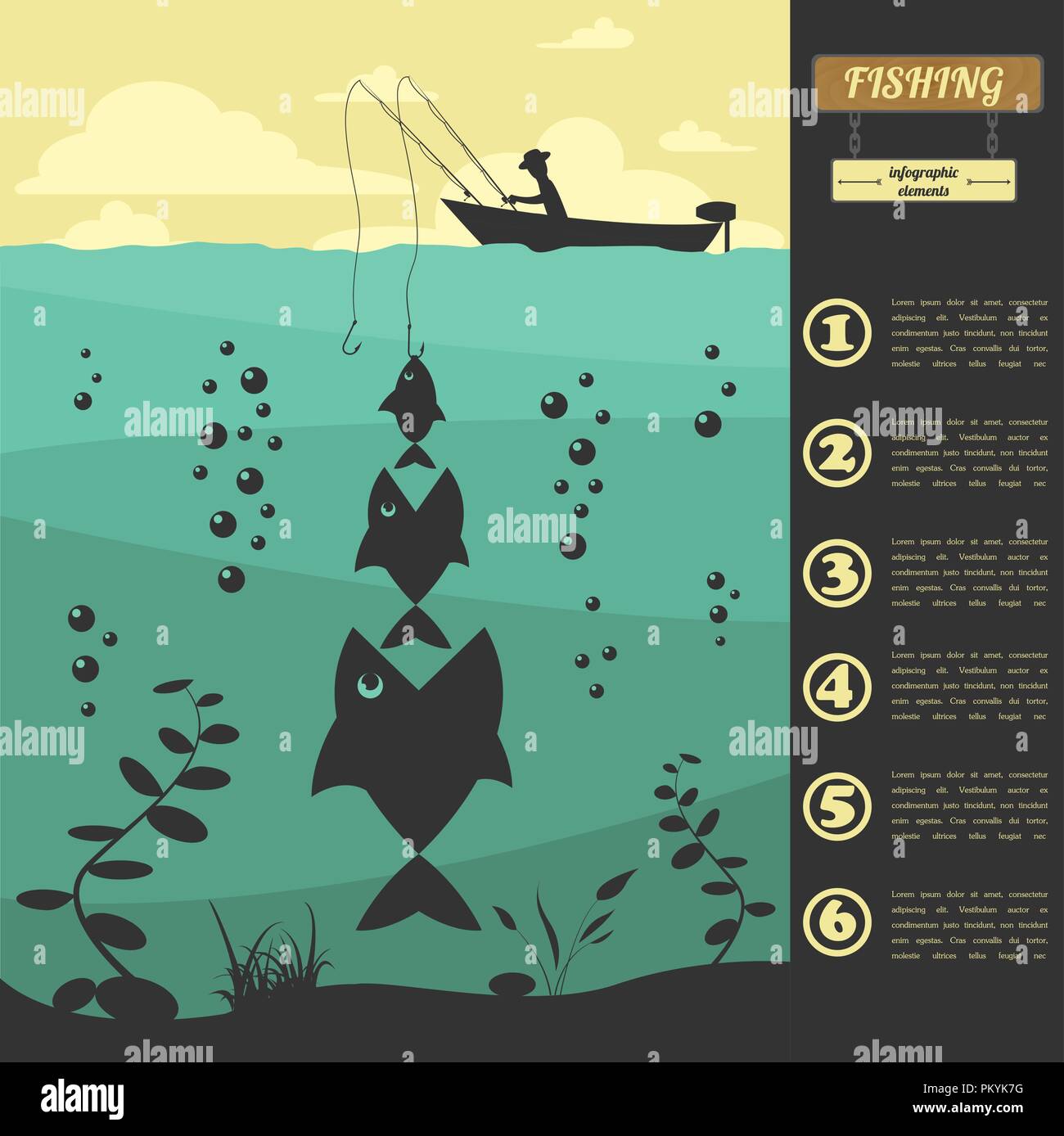 Infografico pesca elementi. Impostare gli elementi per creare il proprio design infografico. Illustrazione Vettoriale Illustrazione Vettoriale