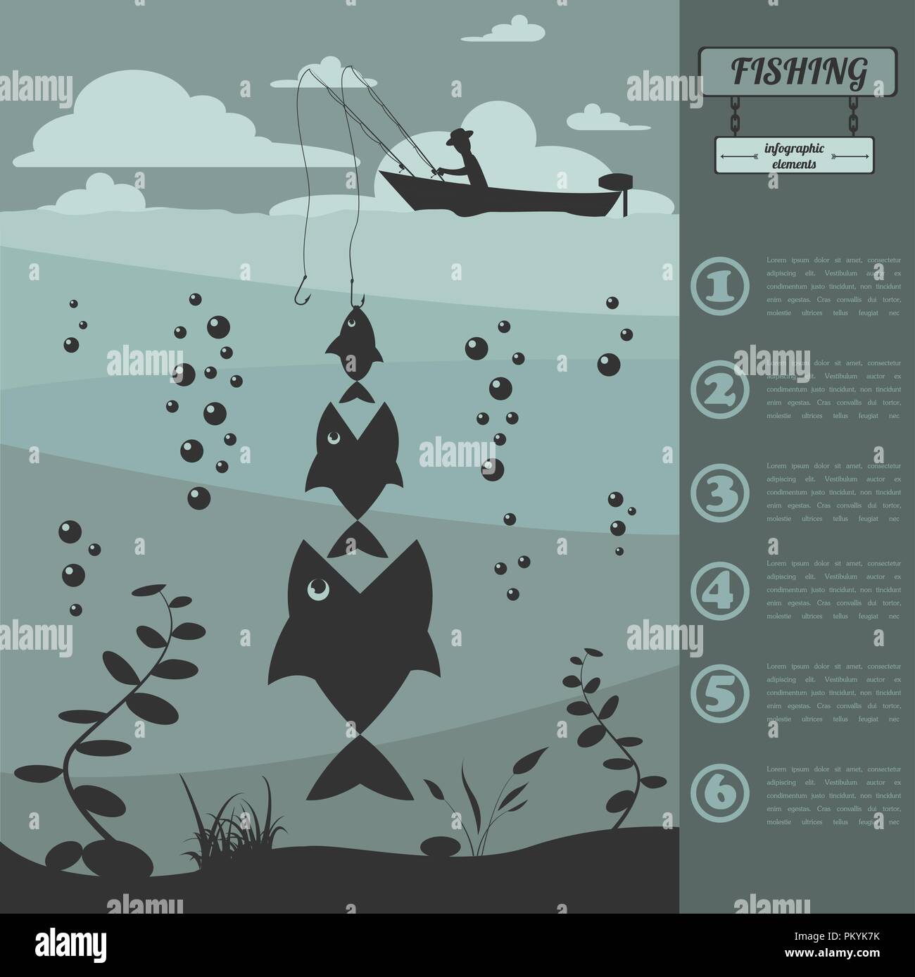 Infografico pesca elementi. Impostare gli elementi per creare il proprio design infografico. Illustrazione Vettoriale Illustrazione Vettoriale