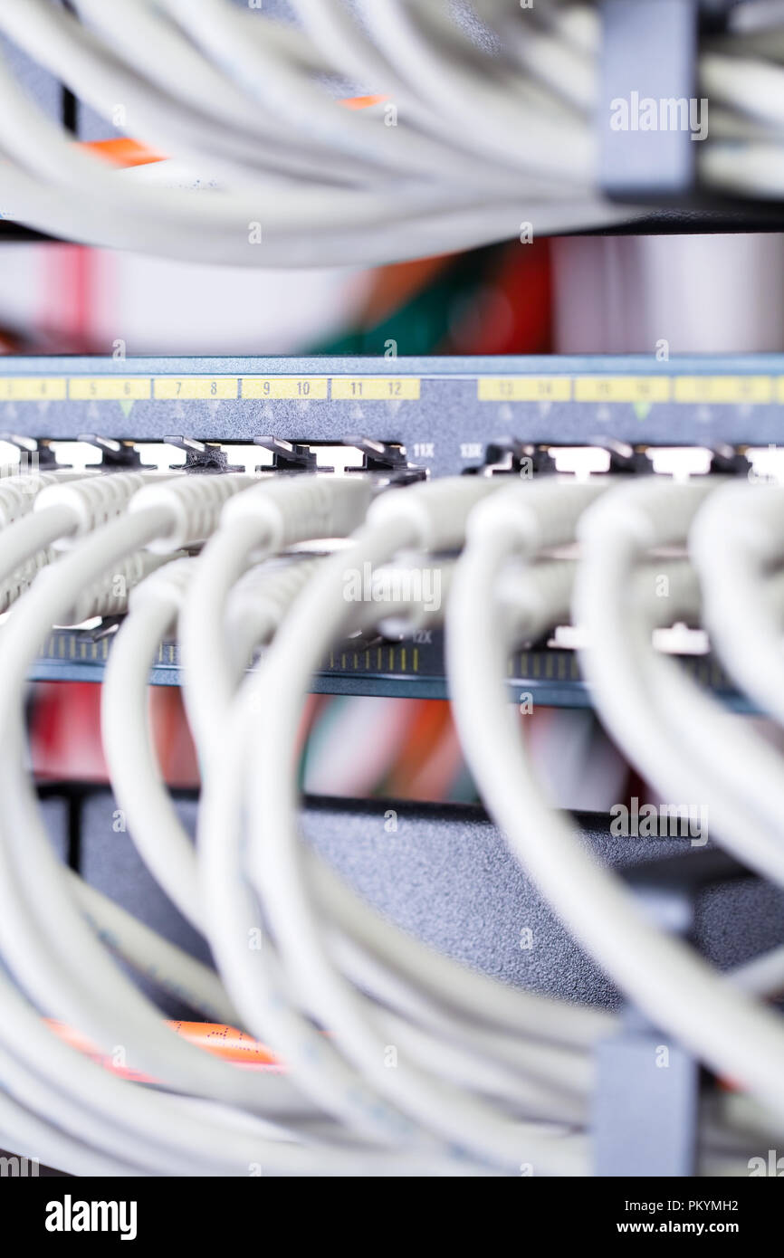 Close-up di switch di rete gigabit e i cavi nel data center Foto Stock