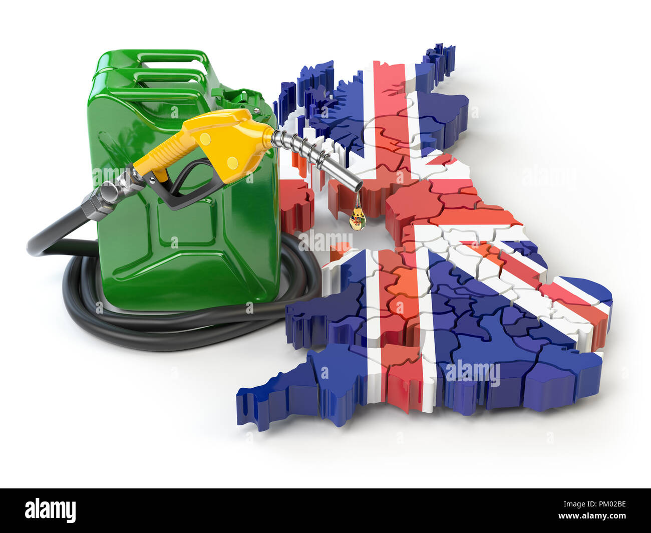 La benzina e il consumo di benzina e la produzione nel Regno Unito Gran Bretagna. Mappa di Regno Unito Gran Bretagna con bidone e pompa a gas ugello. 3d illustrazione Foto Stock