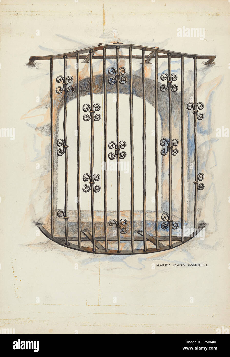 Griglia di ferro in corrispondenza della finestra. Data: 1935/1942. Dimensioni: complessivo: 35,4 x 24,4 cm (13 15/16 x 9 5/8 in.) originale IAD Oggetto: 49' ampia; 58' alta. Medium: acquerello, grafite e penna e inchiostro su carta. Museo: National Gallery of Art di Washington DC. Autore: Harry Mann Waddell. Foto Stock