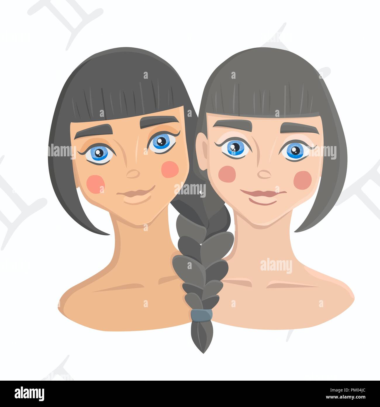 Twin ragazze con i capelli intrecciati insieme su astrologia sfondo senza giunture. Gemini segno zodiacale isolati su sfondo bianco. Concetto di sorellanza. Illustrazione Vettoriale