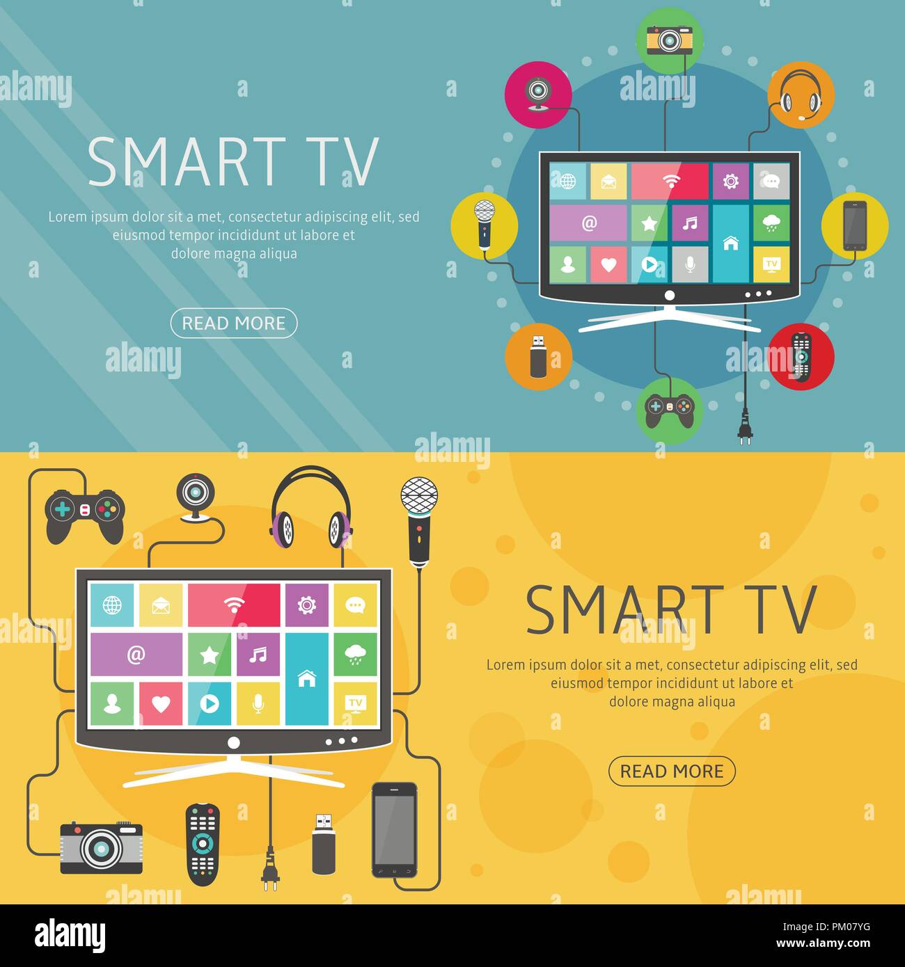 Smart TV flat design concept e banner. Moderni dispositivi digitali collegati ad un televisore. Illustrazione Vettoriale