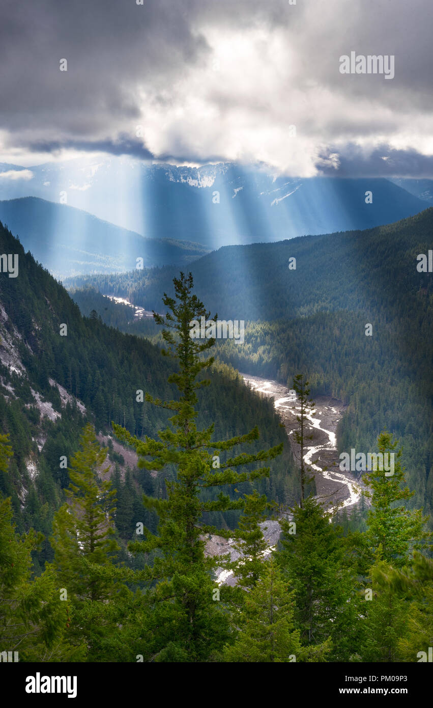 Dio emettitori di raggi attraverso il Fiume Nisqually Foto Stock