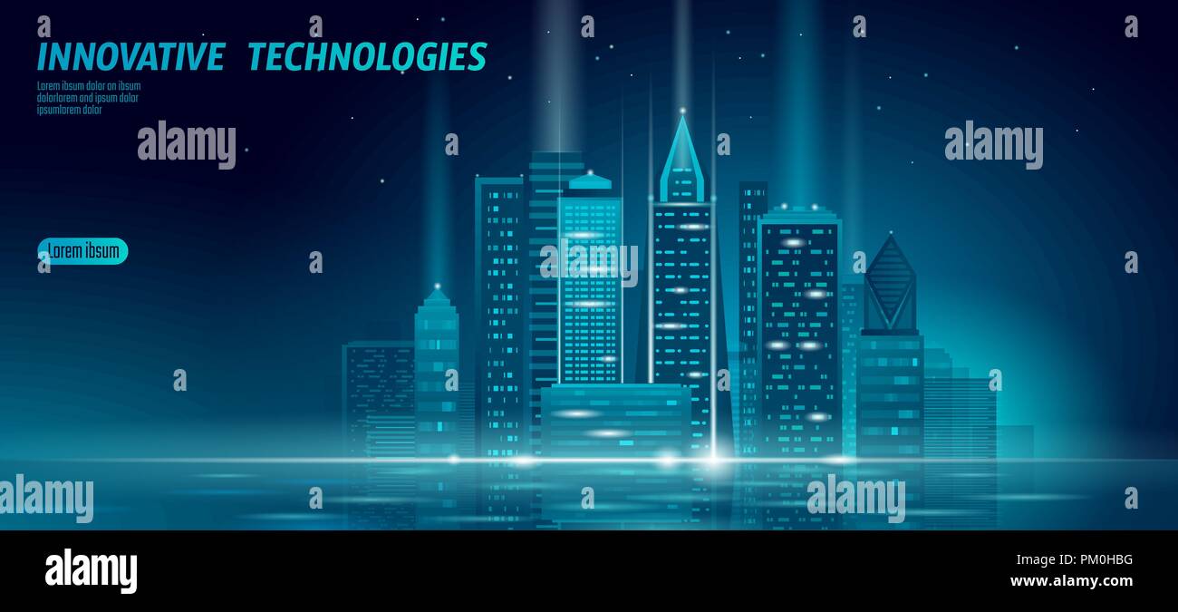 Smart city 3D neon incandescente cityscape. Intelligent building automation notte futuristico concetto di business. Web online il colore blu, la tecnologia del futuro. Banner urbano illustrazione vettoriale Illustrazione Vettoriale