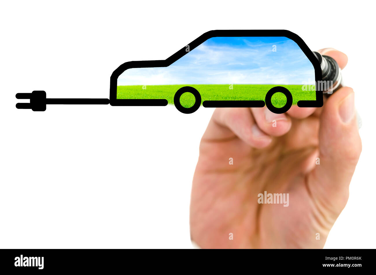 Disegno elettrico auto sulla lavagna virtuale. Concetto di eco. Foto Stock