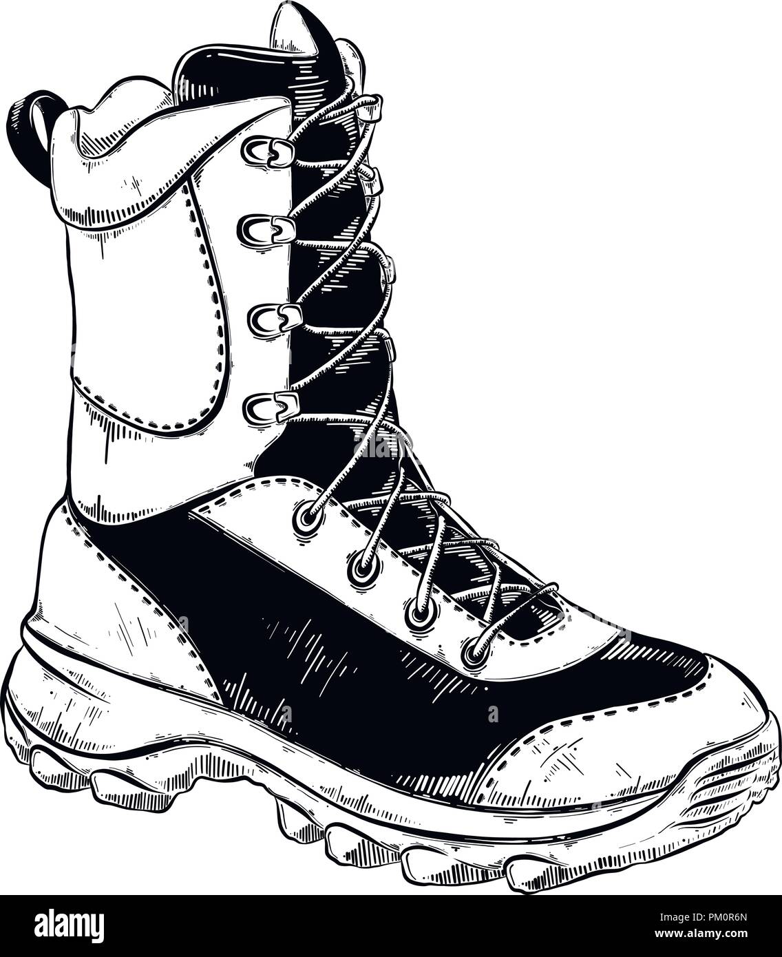 Mano bozzetto di boot in isolato nero su sfondo bianco. Dettagliato in stile vintage disegno. Illustrazione Vettoriale Illustrazione Vettoriale