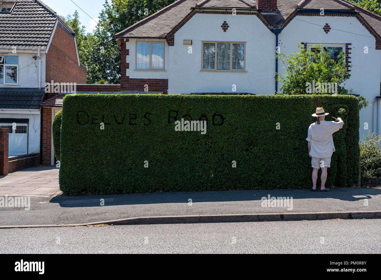 50s maschio, proprietario di trimming il nome della strada a privet hedge, West Midlands Foto Stock