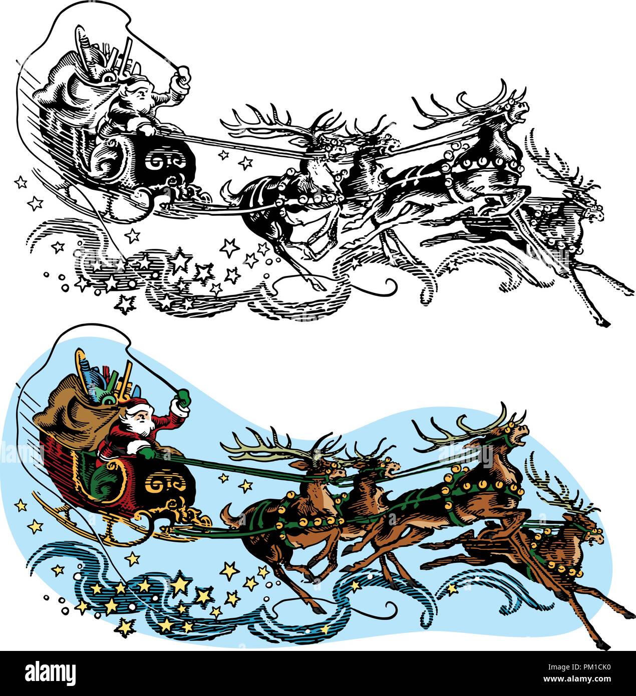 Babbo Natale vola nella sua slitta trainata dalla sua magia renne alla vigilia di Natale. Illustrazione Vettoriale