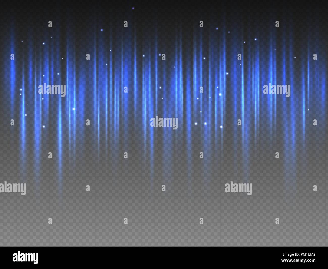 Verticale blu radianza candelette di pulsazione di raggi con scintille su sfondo trasparente. Vettore illustrazione astratta di Aurora Boreale effetto di luce. Shining Illustrazione Vettoriale