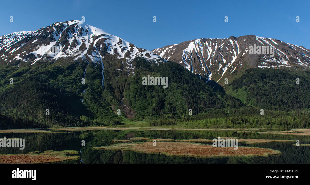 Le acque piatte del Lago Tern in Alaska riflettono la montagna cresta a sud con il bianco, verde e marrone di un Alaskan molla. Foto Stock