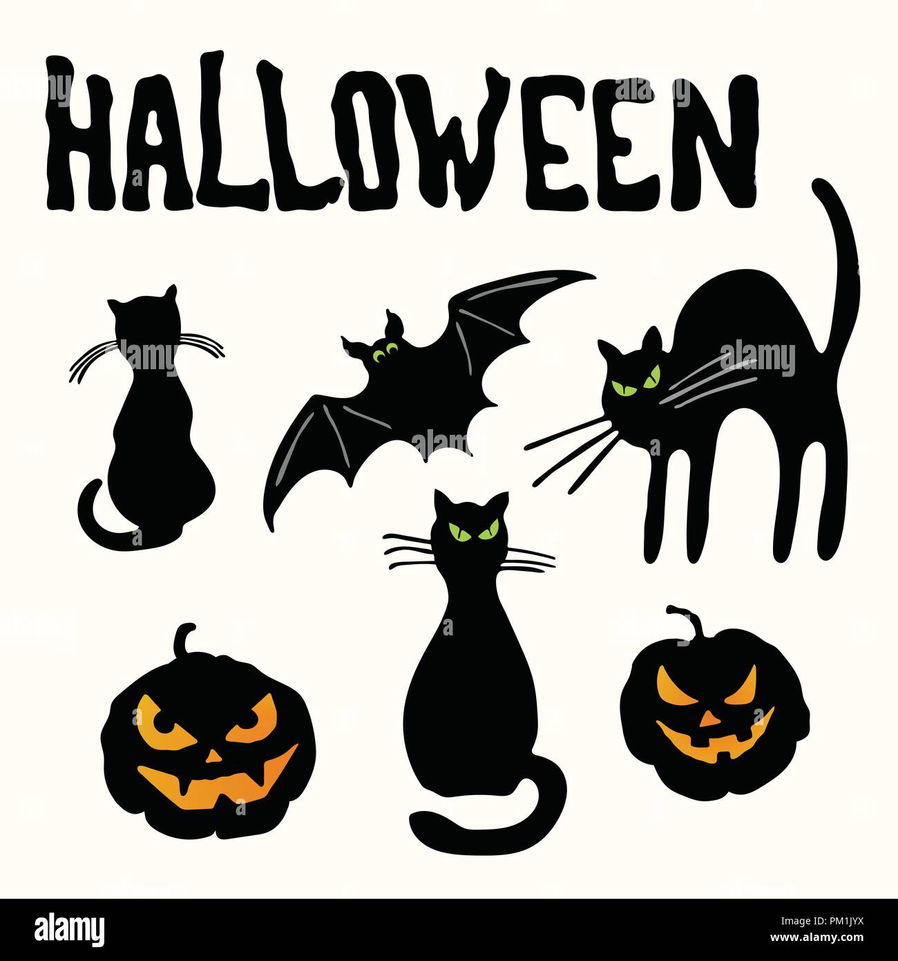 Due silhouette nera gatti, carving faccia lanterne di zucca, bat e Halloween titolo isolato su uno sfondo bianco. Illustrazione Vettoriale