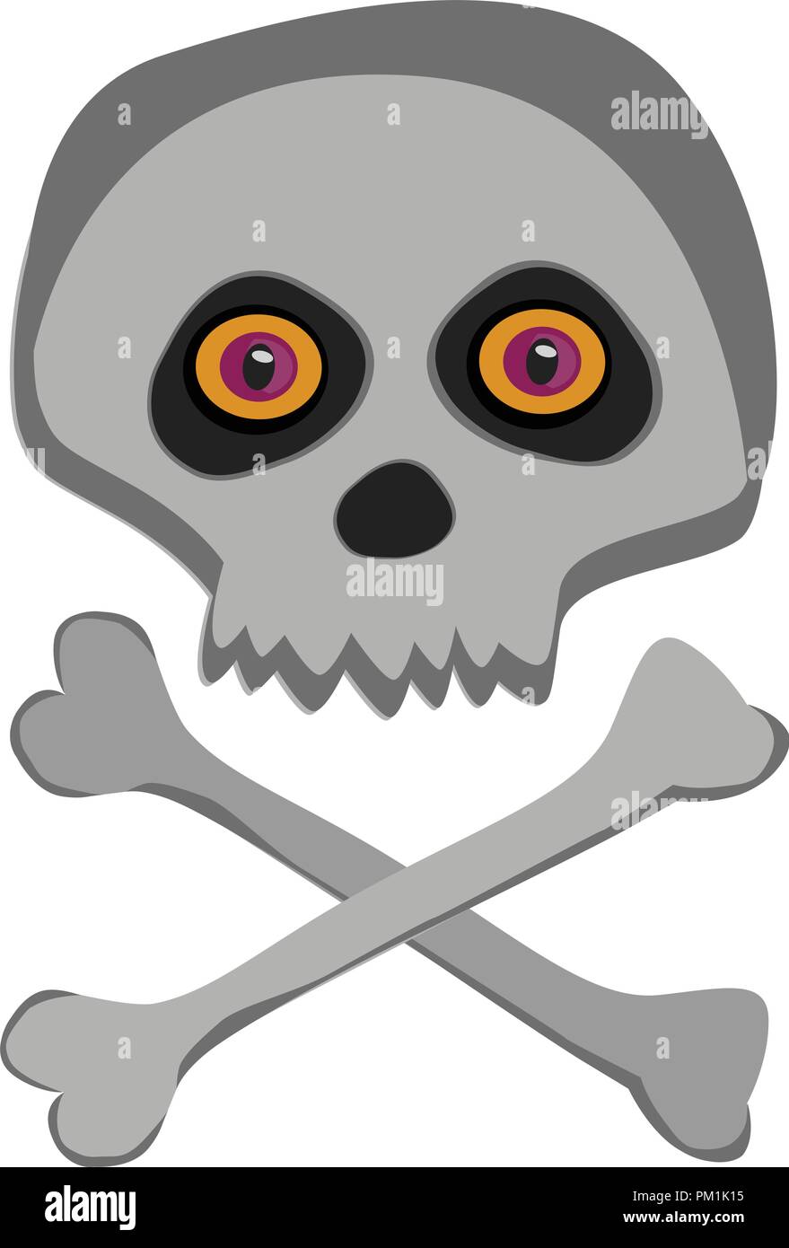 Vector cartoon scull scheletro con occhi Arancio isolato su sfondo bianco. Icona di Halloween, clip art, digital design elemento, simbolo dei pirati, segno. Illustrazione Vettoriale