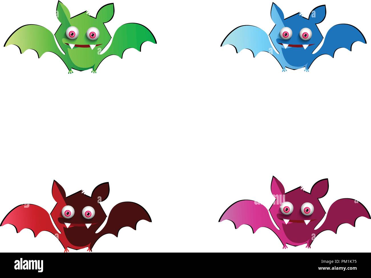 Set di vettore di carino divertente multi colore pipistrelli sorridente. Verde, blu, viola e rosso bat caratteri su sfondo bianco. Halloween digitale elementi di design Illustrazione Vettoriale