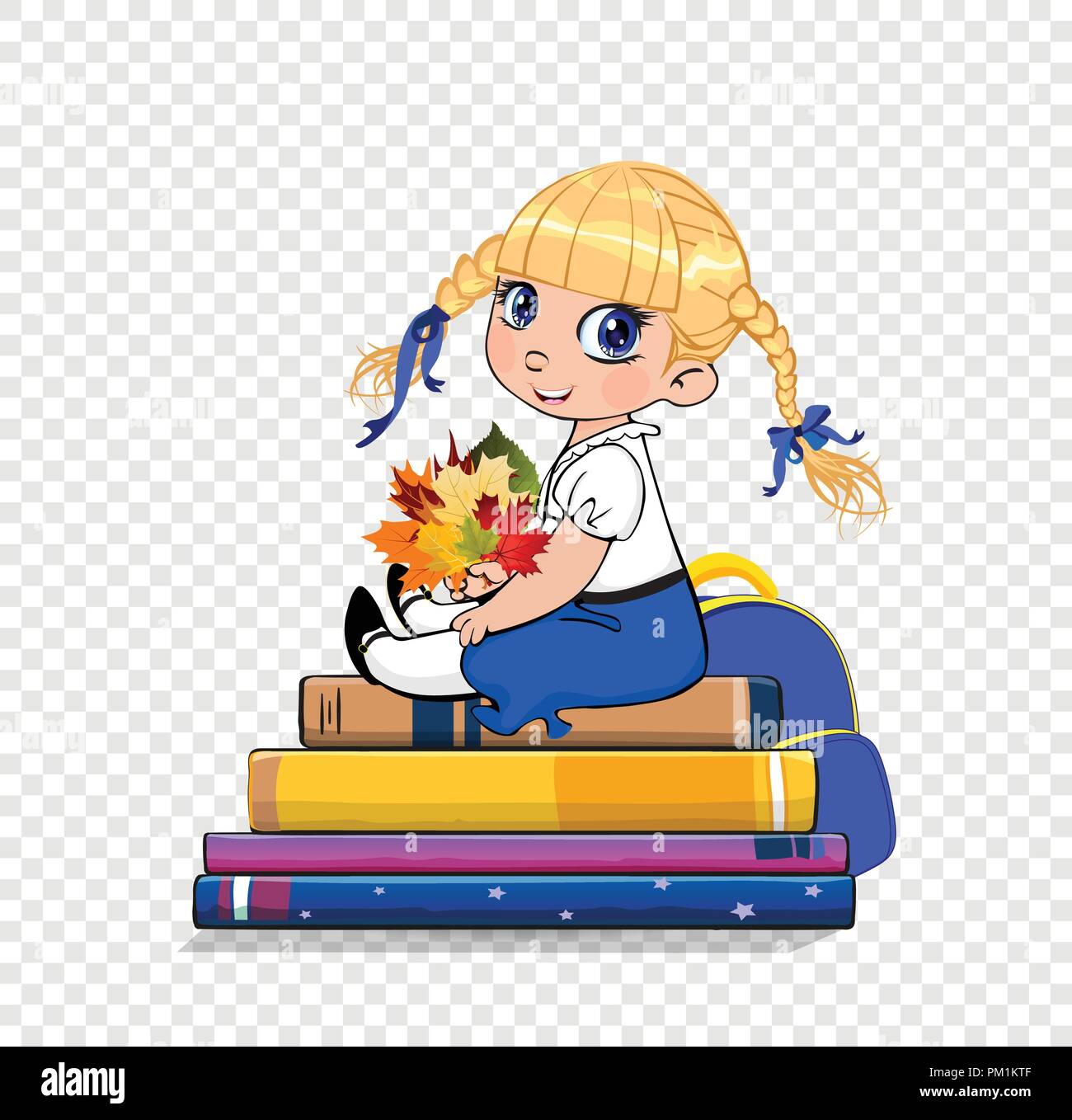 Illustrazione Vettoriale della scuola di cartoni animati Baby girl in uniforme seduto sulla pila di libri con bouquet di foglie di autunno in mani. Kawaii alunno, studente kid cha Illustrazione Vettoriale