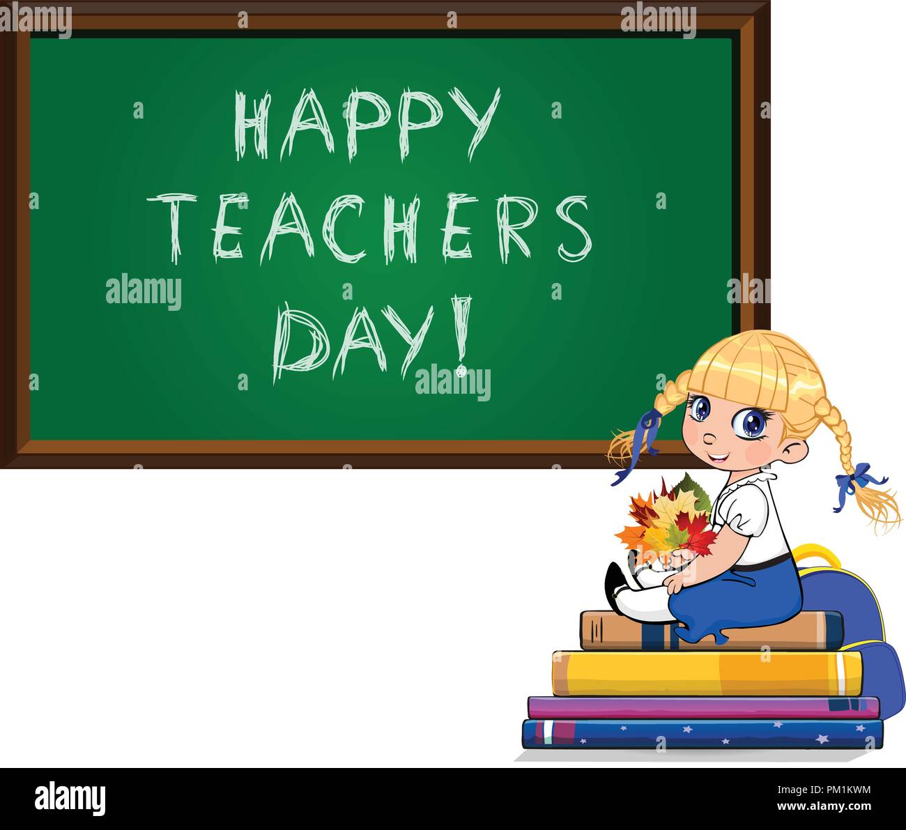 Gli insegnanti felice giorno biglietto di auguri di Cartoon carino scuola ragazza seduta sulla pila di libri con bouquet di foglie di autunno nei pressi di blackboard isolato su bianco. Ve Illustrazione Vettoriale