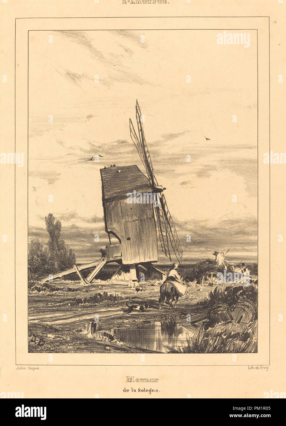 Mulino di Sologne (Moulin de la Sologne). Data: 1835. Medium: litografia. Museo: National Gallery of Art di Washington DC. Autore: Jules Dupre. Foto Stock