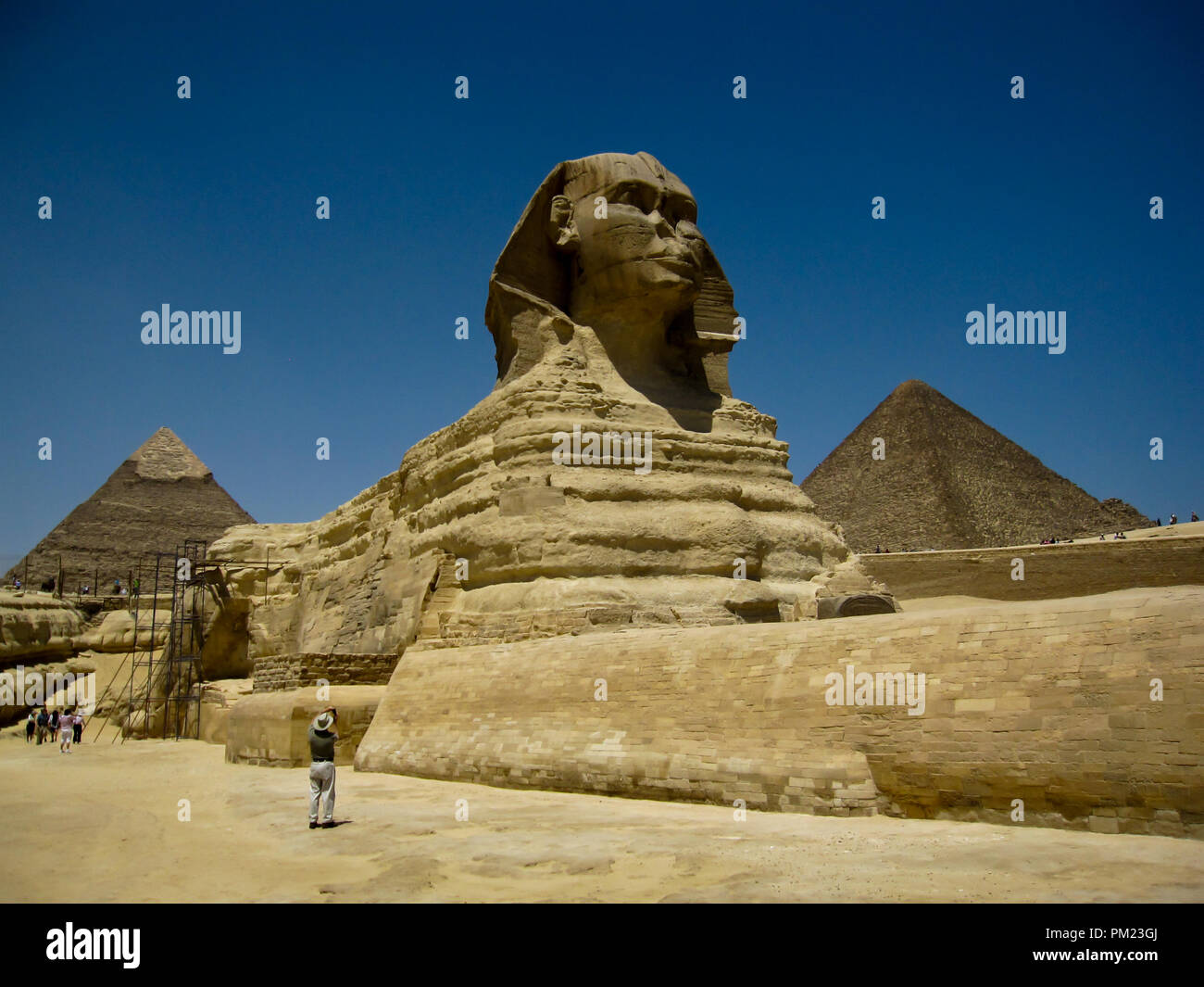 Close up viste la Grande Sfinge di Giza in Egitto in una limitata area di accesso. Questo è un importante destinazione turistica e importante sito archeologico. Foto Stock