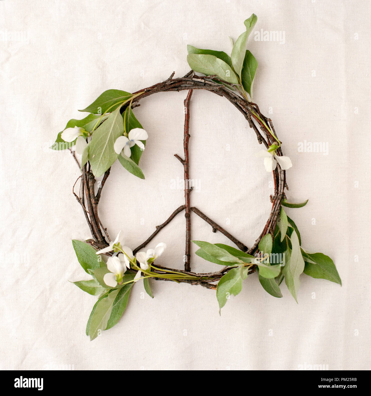 Segno di pace, simbolo di materiale naturale - fiori, foglie e bastoni di legno sul tessuto di sfondo bianco Foto Stock