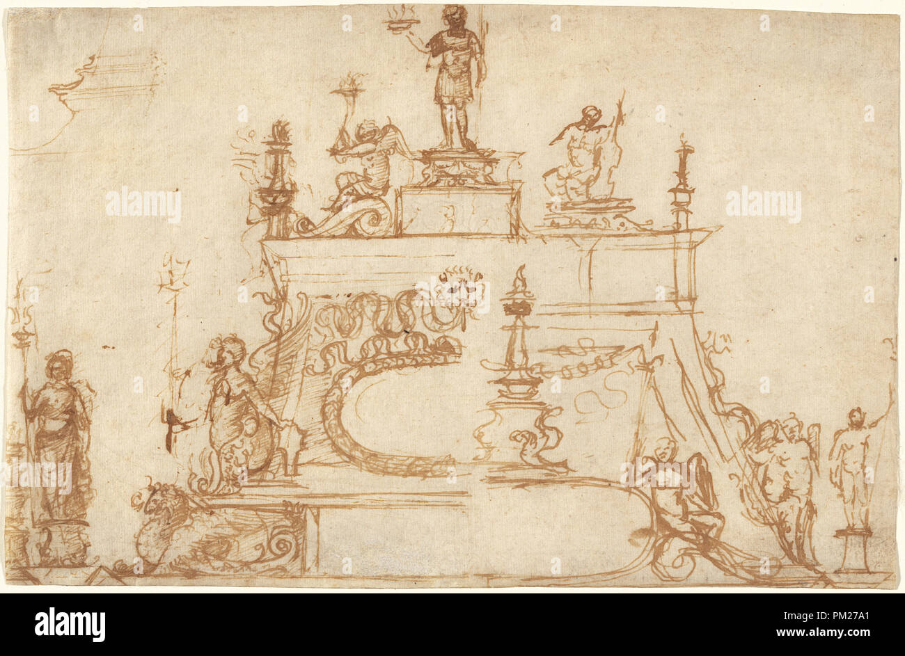 Studi per Bronzetti con motivi classici. Data: 1490/1495. Dimensioni: complessivo: 16,6 x 25 cm (6 9/16 x 9 13/16 in.). Medium: Penna e inchiostro bruno su carta vergata. Museo: National Gallery of Art di Washington DC. Autore: padovano, eventualmente Andrea Briosco, detto il Riccio. Foto Stock