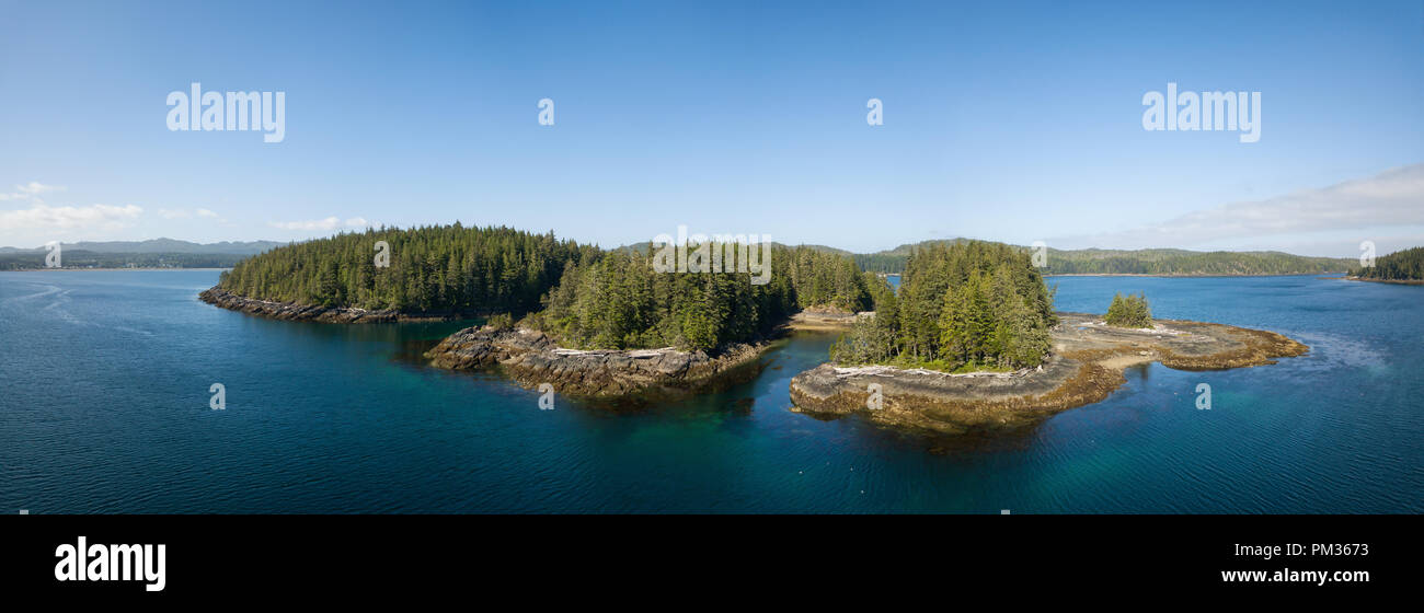 Antenna paesaggio panoramico di una costa rocciosa durante una vivace giornata d'estate. Presa sulla parte settentrionale dell'isola di Vancouver, British Columbia, Canada. Foto Stock