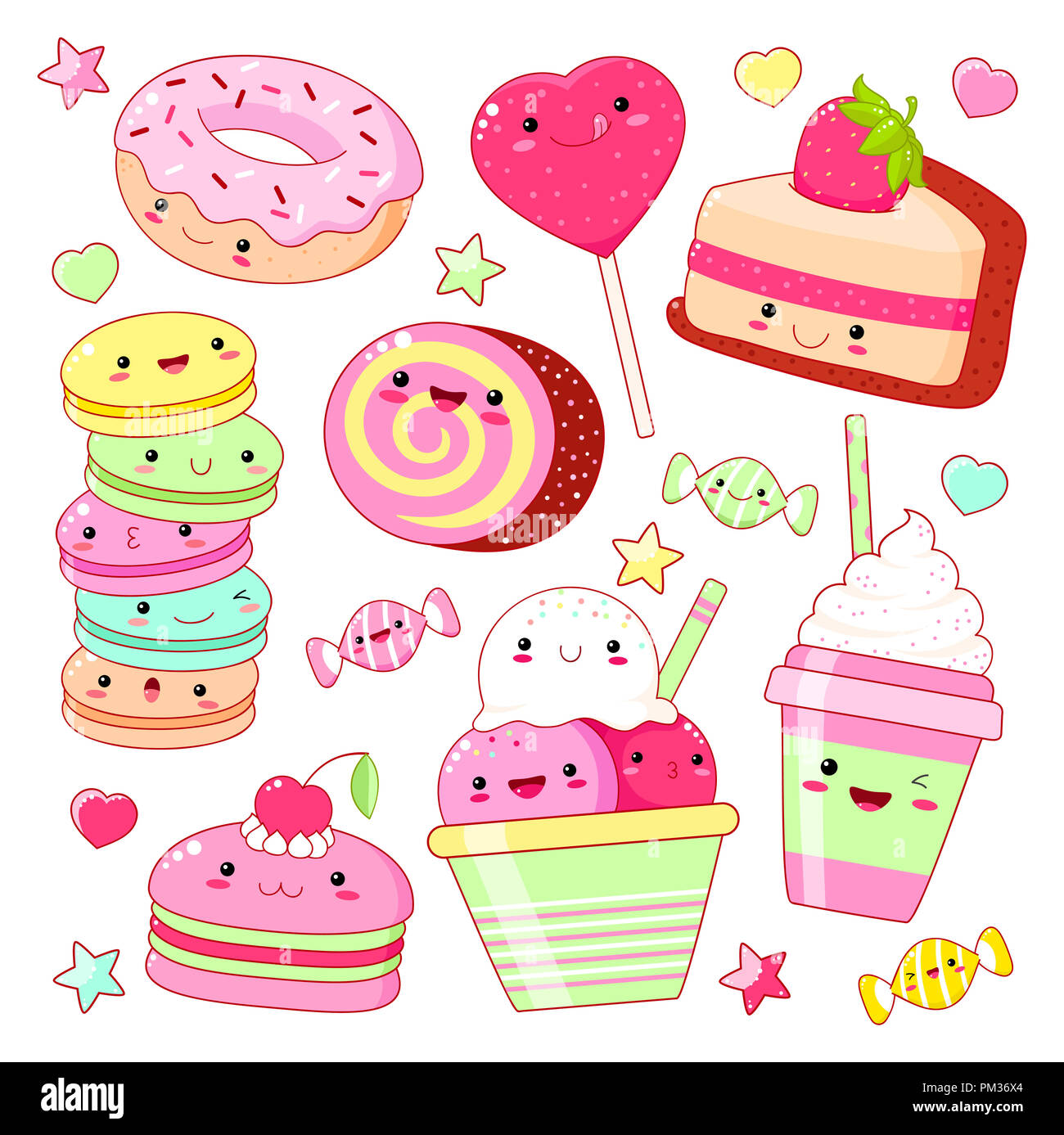 Set di carino dolce icone in stile kawaii con volto sorridente e guance rosa per il dolce design. Adesivo con iscrizione così carino. Ice Cream, candy, ciambella, Foto Stock