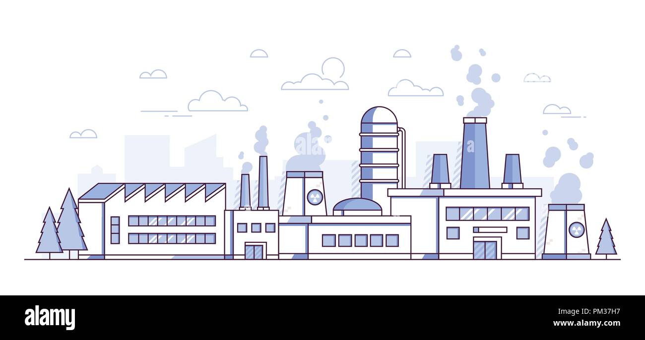 Città fabbrica - moderna linea sottile stile di design illustrazione vettoriale su sfondo bianco. Viola composizione colorata con un grande stabilimento, tubi da fumo c Illustrazione Vettoriale