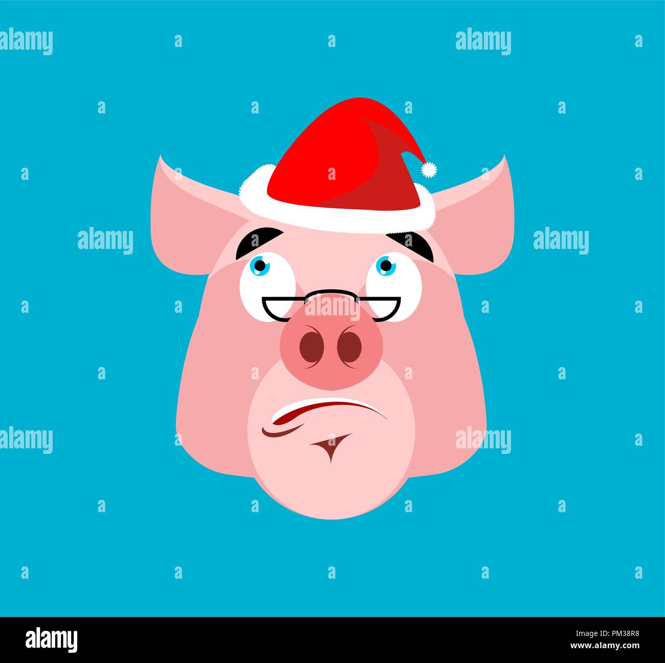 Santa suino Emoj sorpreso. Natale amazementi emozione avatar. Animale da azienda stupire Illustrazione Vettoriale