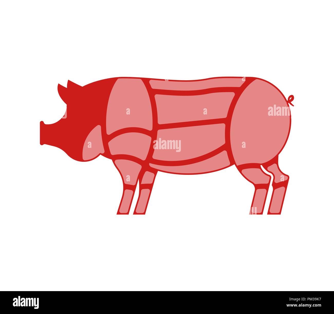 Tagli di suini. Suini taglio di carne. Schema di carne di maiale. Silhouette di animali di animali di allevamento. Illustrazione Vettoriale
