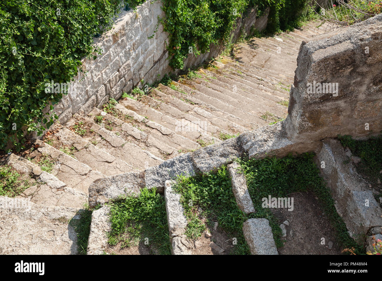 Vecchio grungy scalini in pietra con erba, architettura della Corsica, Francia Foto Stock