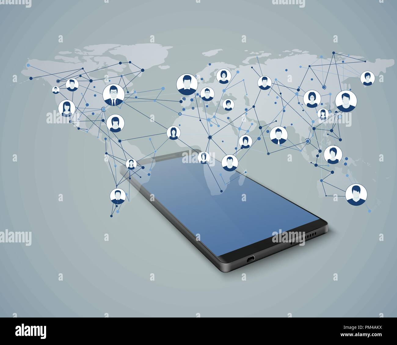 Global social network. Mobile chat. Connessione di rete. Accesso alla rete globale in mobile app. Moderno World Wide Web o Internet concetto. Vector illu Illustrazione Vettoriale