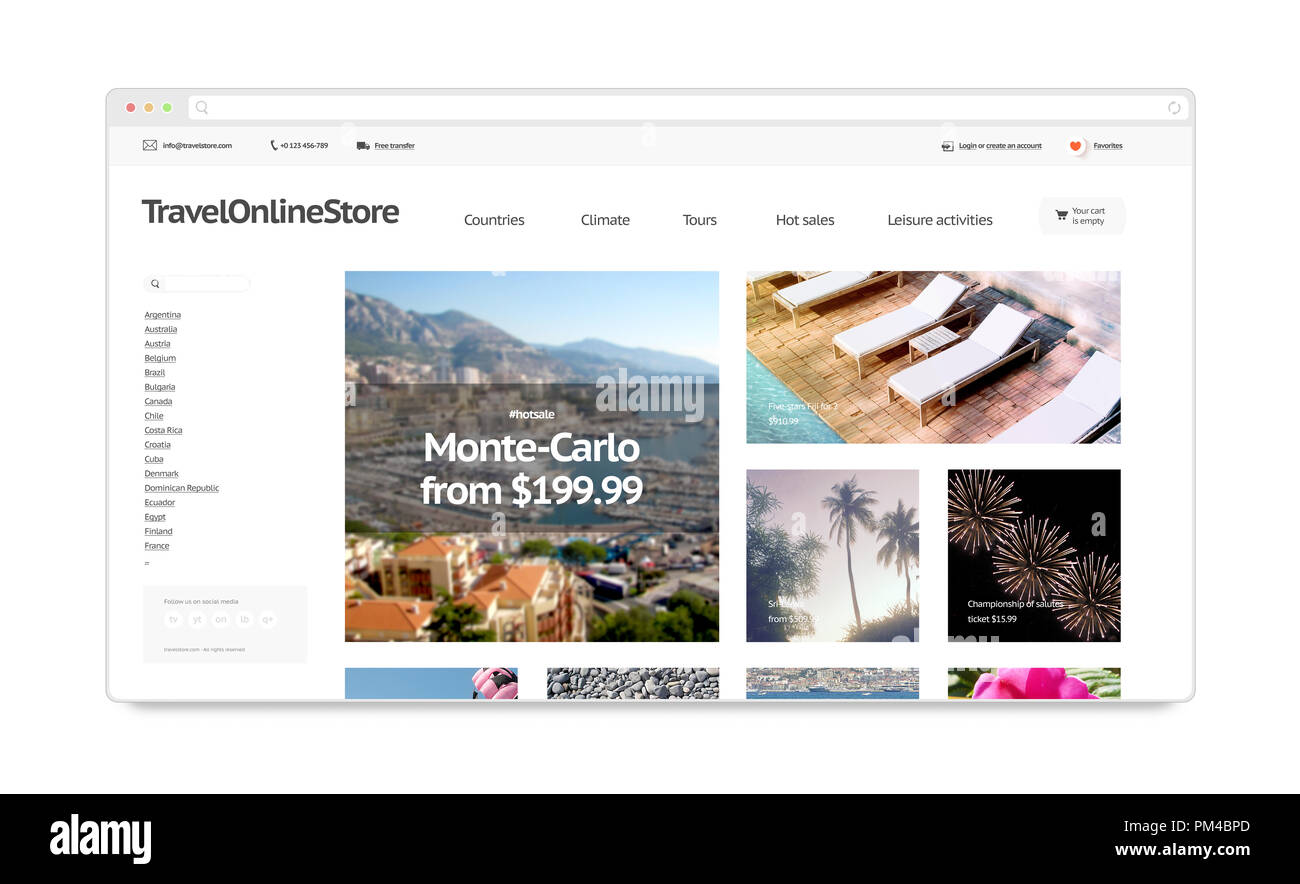 Webstore di viaggio del modello di sito mock up isolato, 3d'illustrazione. Di vacanze e di svago nella pagina web interface mockup. Turismo internet website template. Computer web store schermo piano di viaggio display. Foto Stock