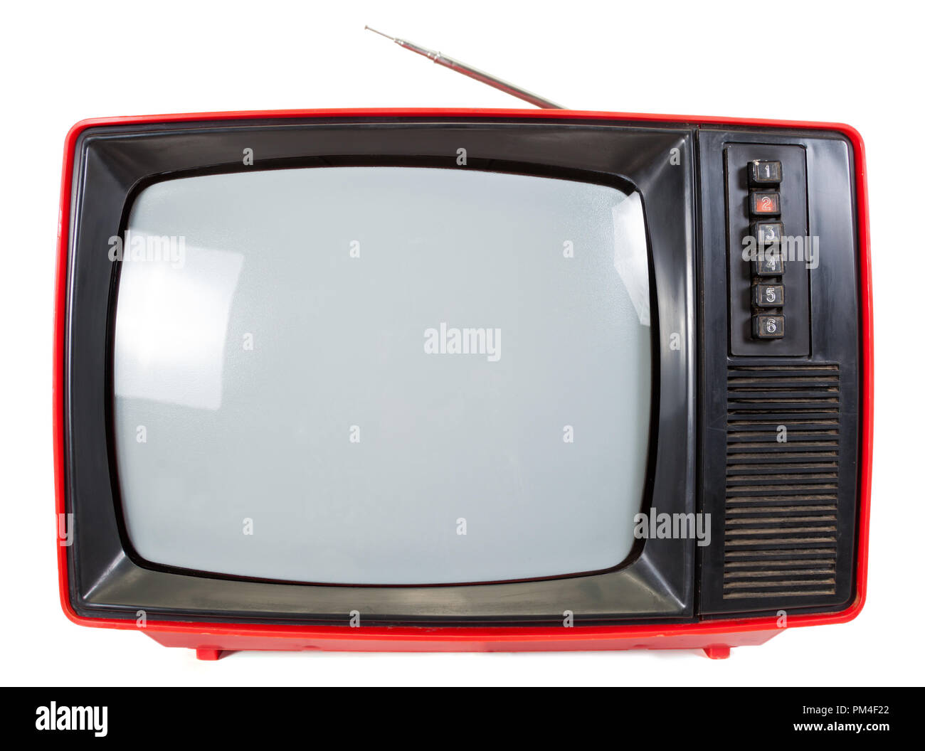 Vecchio rosso televisore realizzato in URSS isolati su sfondo bianco Foto Stock