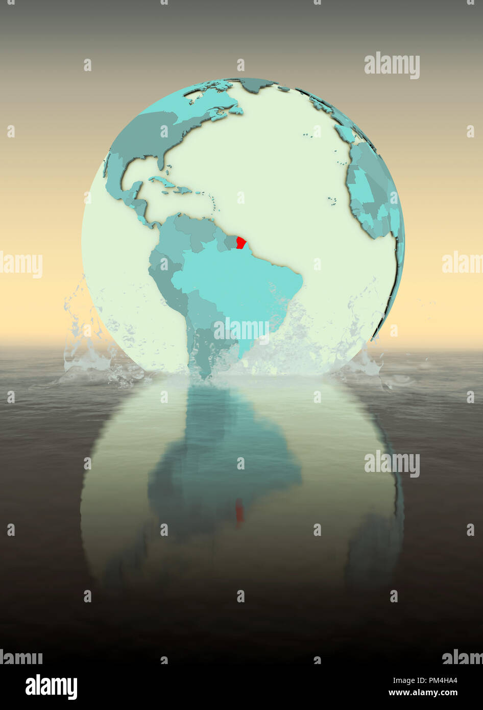 Guiana francese sul globo terrestre schizzato nell'acqua. 3D'illustrazione. Foto Stock