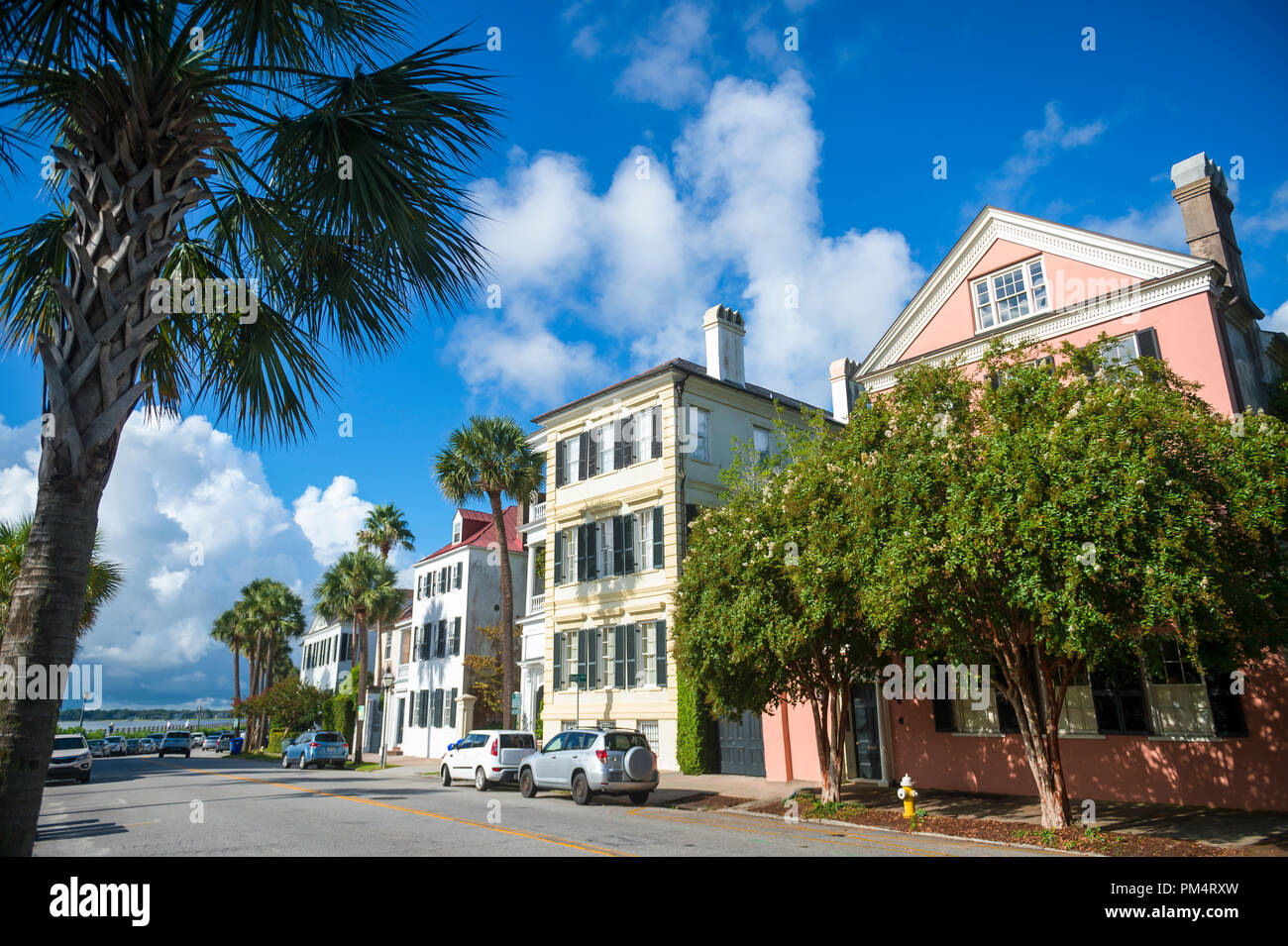 Waterfront street a Charleston il quartiere storico di foderato con edifici vecchi e Palmetto palms Foto Stock