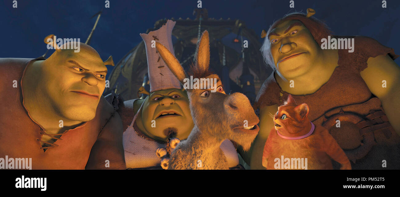 (Da sinistra a destra) Brogan (Jon Hamm), Cookie (Craig Robinson), asino (Eddie Murphy), Puss In Boots (Antonio Banderas) e Gretched (JANE LYNCH) plot un modo per entrare in Rumplestiltskin del castello e DreamWorks Animation 'Shrek Forever dopo l' Foto Stock