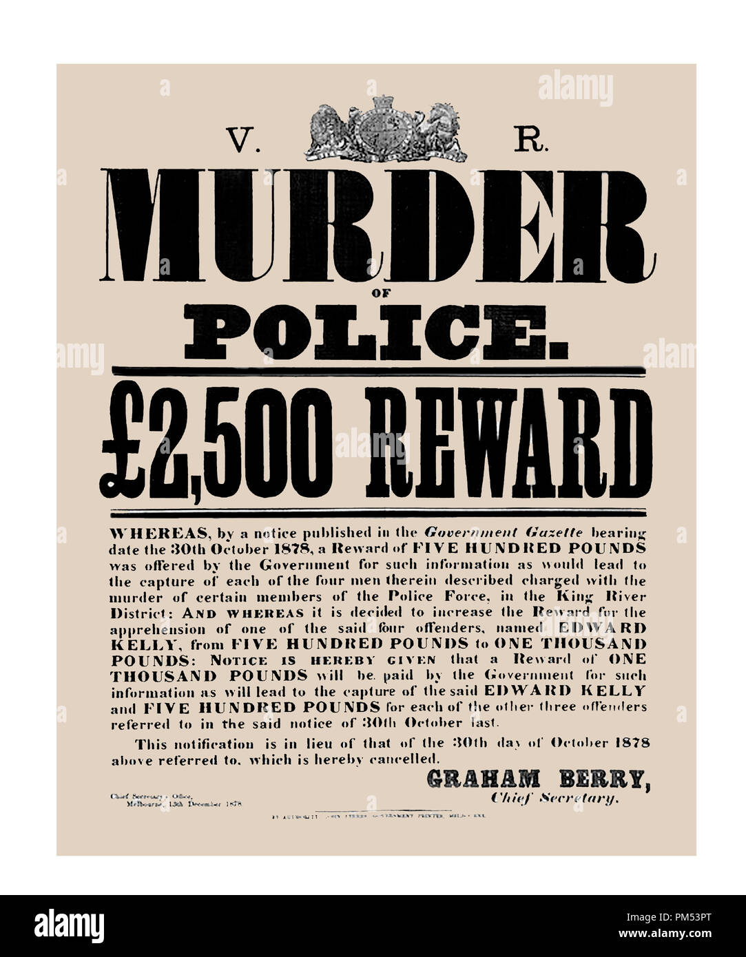 Ned Kelly e associa £2500 ricompensa Poster. Aggiornato Foto Stock