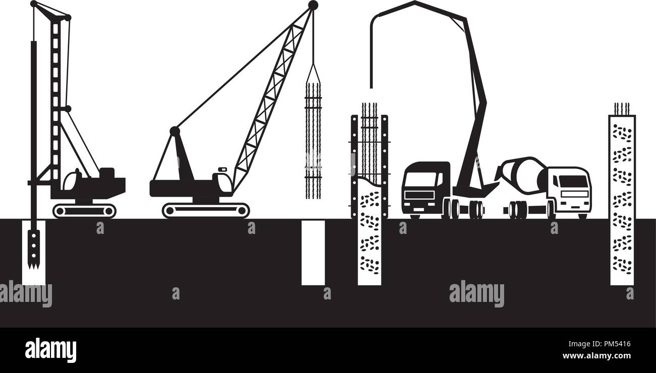 Macchinari da costruzione rendono le fondazioni di un edificio - illustrazione vettoriale Illustrazione Vettoriale