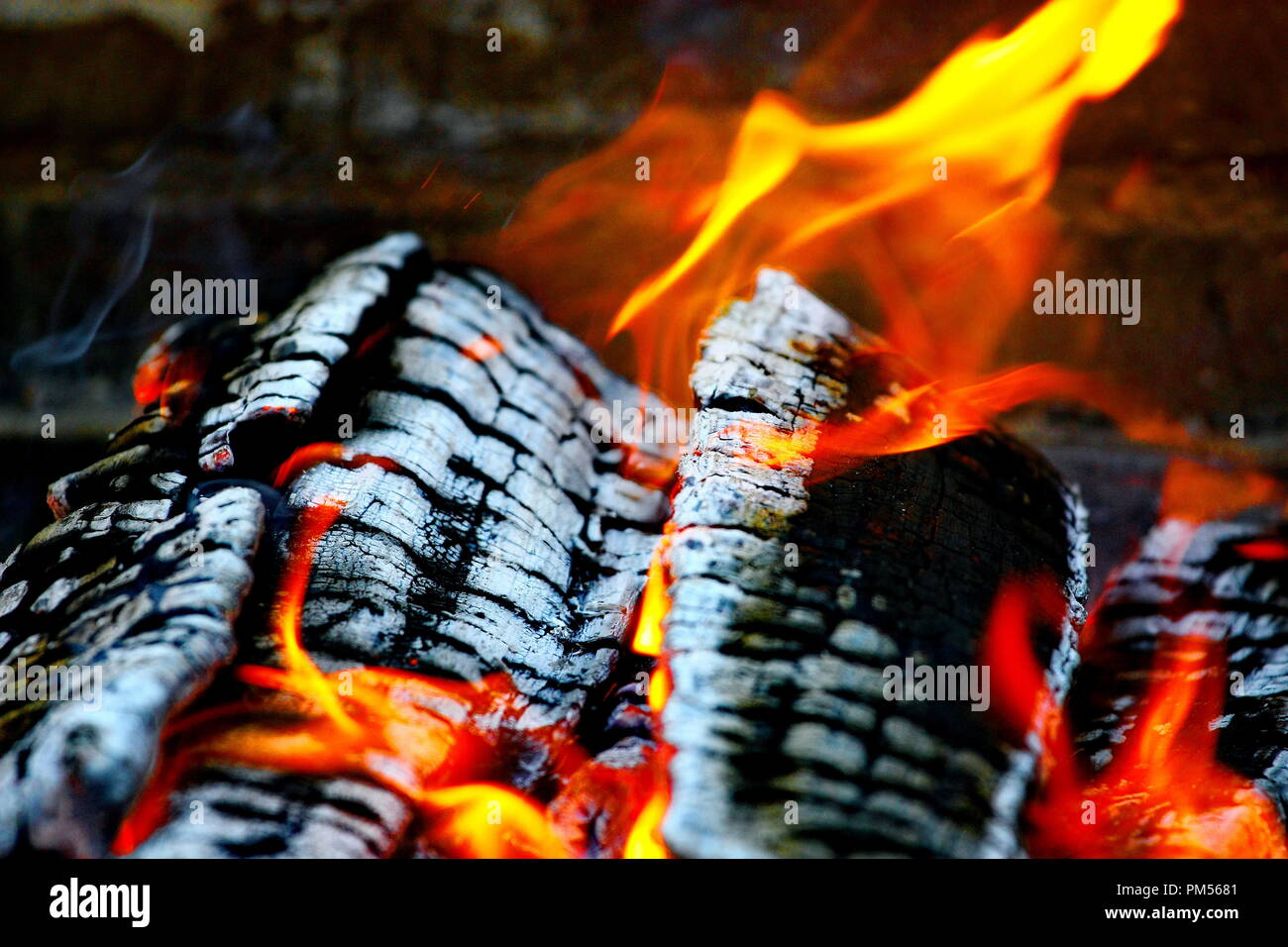 Il fuoco che brucia ardentemente nel caminetto a legna Foto Stock