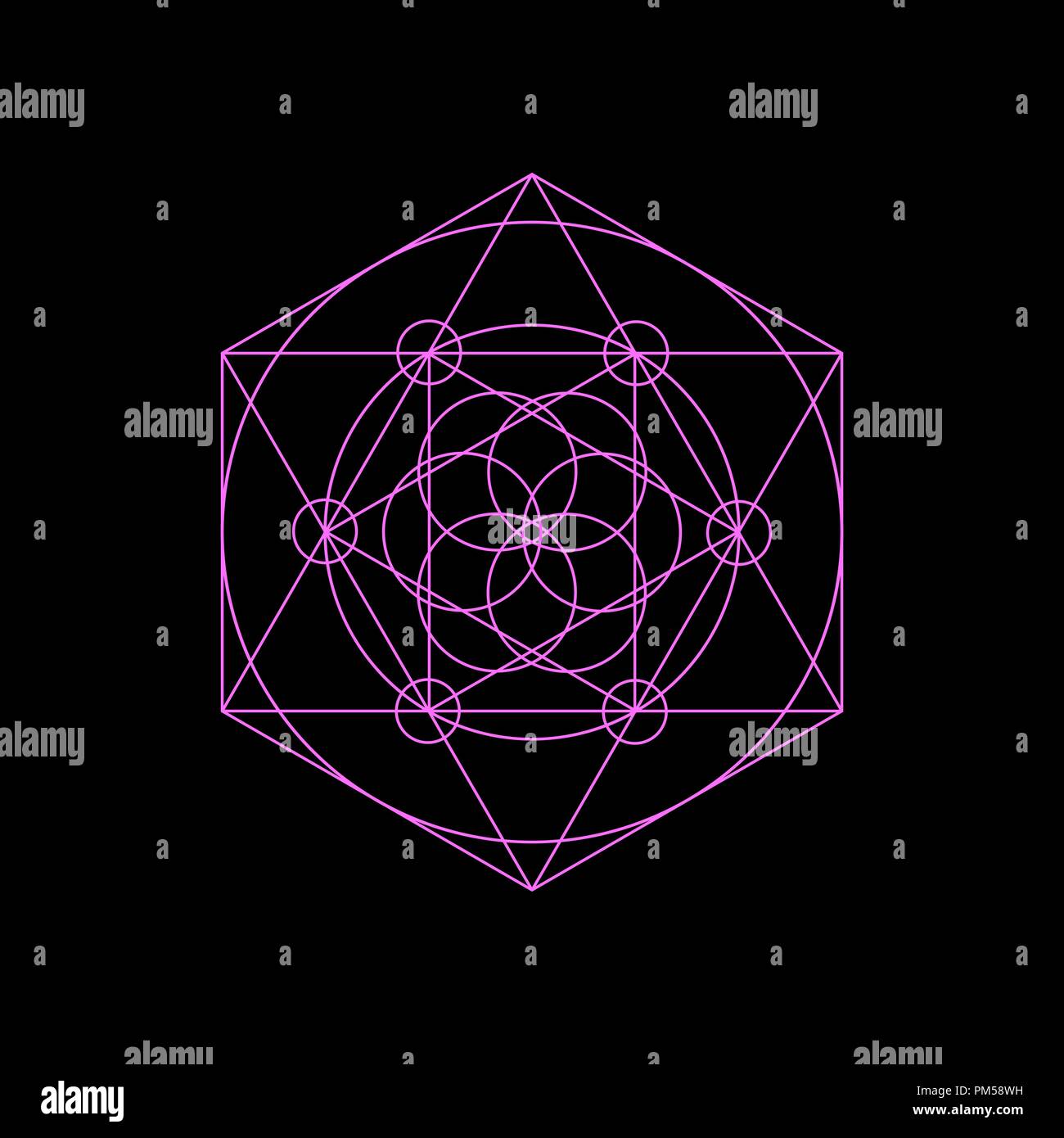 Neon vettore geometria sacra simboli con il triangolo, esagono, cerchio e decoro floreale. Luminosa geometria mistico simbolo su sfondo nero Illustrazione Vettoriale