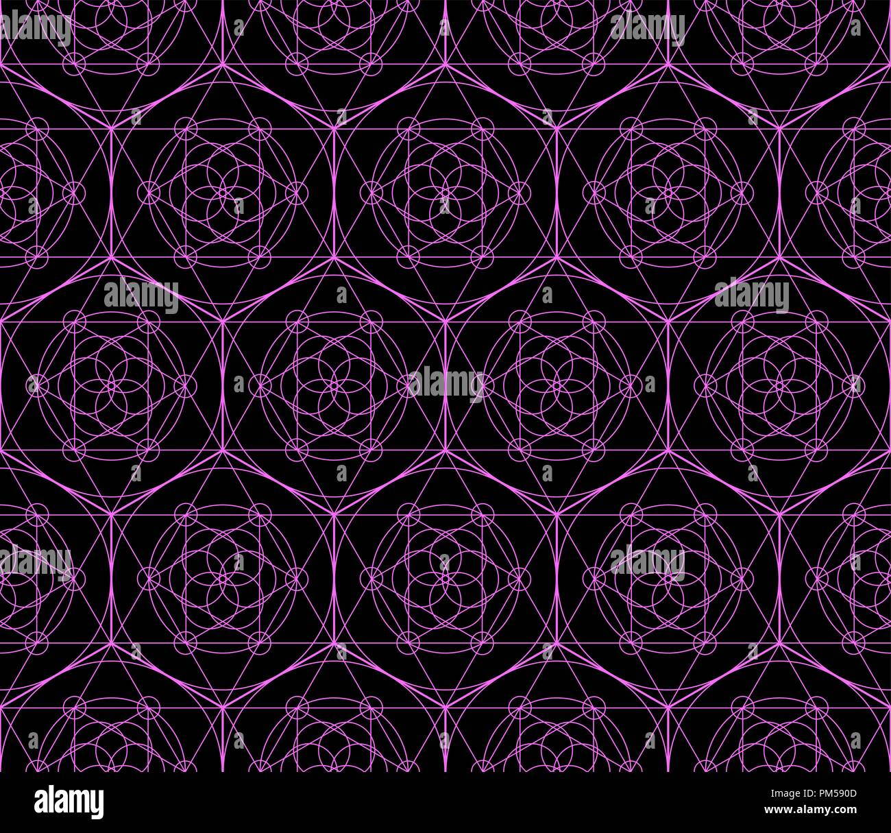 Vettore geometrico modello senza giunture di neon geometria sacra simboli con il triangolo, esagono, cerchio e il motivo floreale su sfondo nero Illustrazione Vettoriale