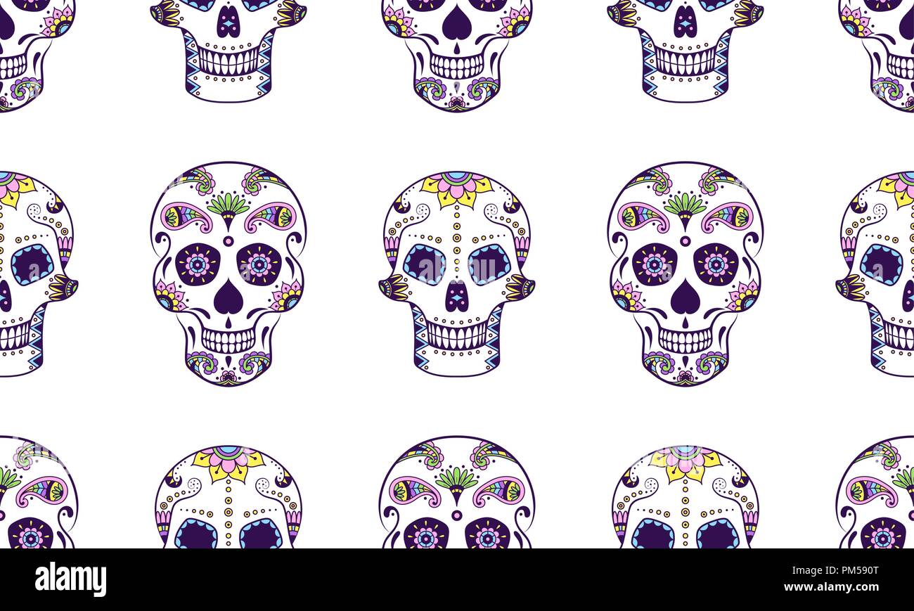 Vector seamless pattern di zucchero colorate cranio con doodle motivo floreale su sfondo bianco. Dia de Muertos zucchero sfondo cranio Illustrazione Vettoriale