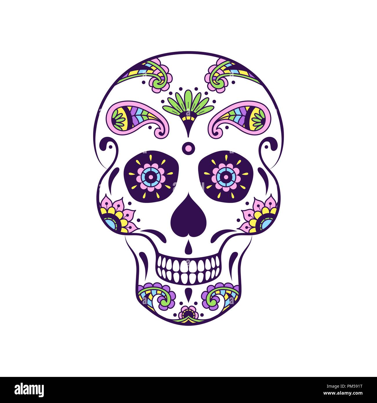 Vettore di zucchero colorate cranio con doodle motivo floreale. Illustrazione messicano per il giorno dei morti la celebrazione del Festival. Dia de Muertos teschio di zucchero Illustrazione Vettoriale